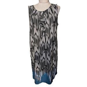 Ellen Tracy Silky Lined Abstract Print Sleeveless Dress Black White Blue Sz 16